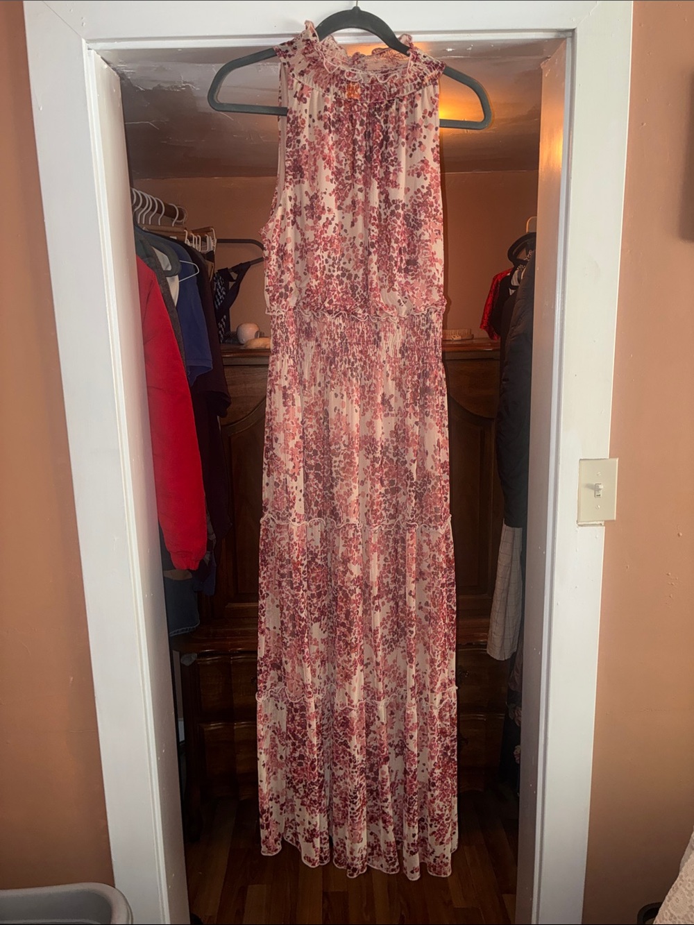 Floral Tiered Ruffled Neck Maxi Dress in Pink